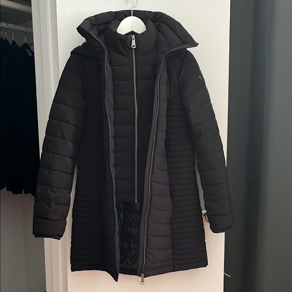 Dkny Black Quilted Puffer Coat with Hood